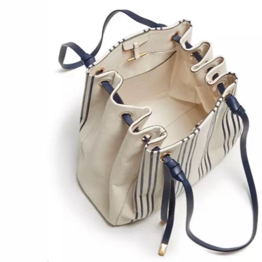 Tory Burch Cream and Navy Striped Drawstring Bucket Shoulder Bag - Picture 4 of 13